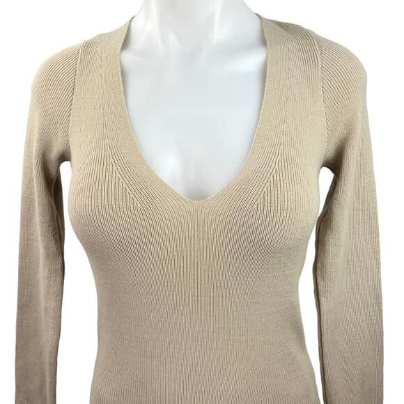 PrettyLittleThing Beige Knit Long Sleeve V-Neck Midi Sweater Bodycon Dress 12 - Picture 2 of 5